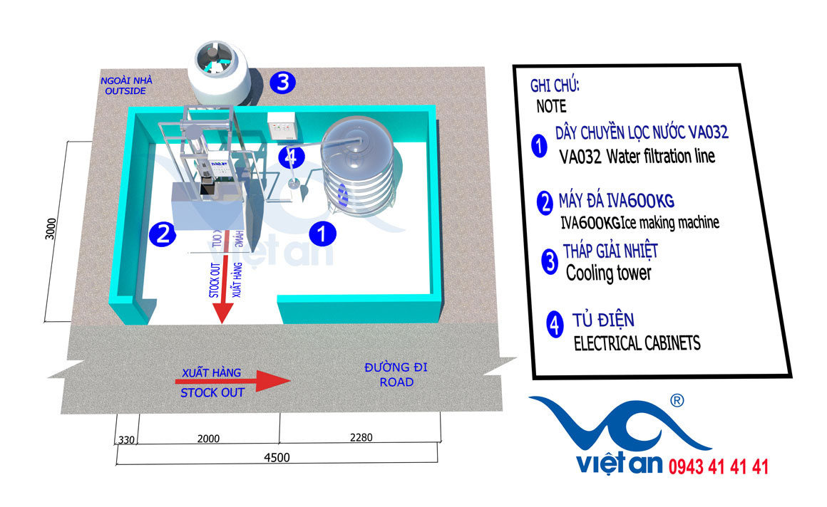 mặt bằng máy làm đá viên 600KG IVA600K