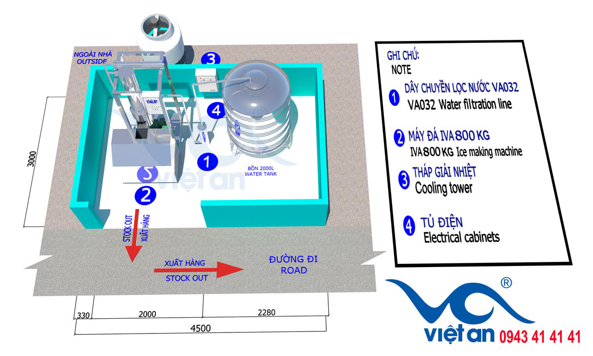 mặt bằng máy làm đá viên 800KG IVA800K